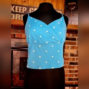💙🤍NWT Blue & White Daisy Cropped V-Neck Tank Top w Spaghetti Straps, Size XXL